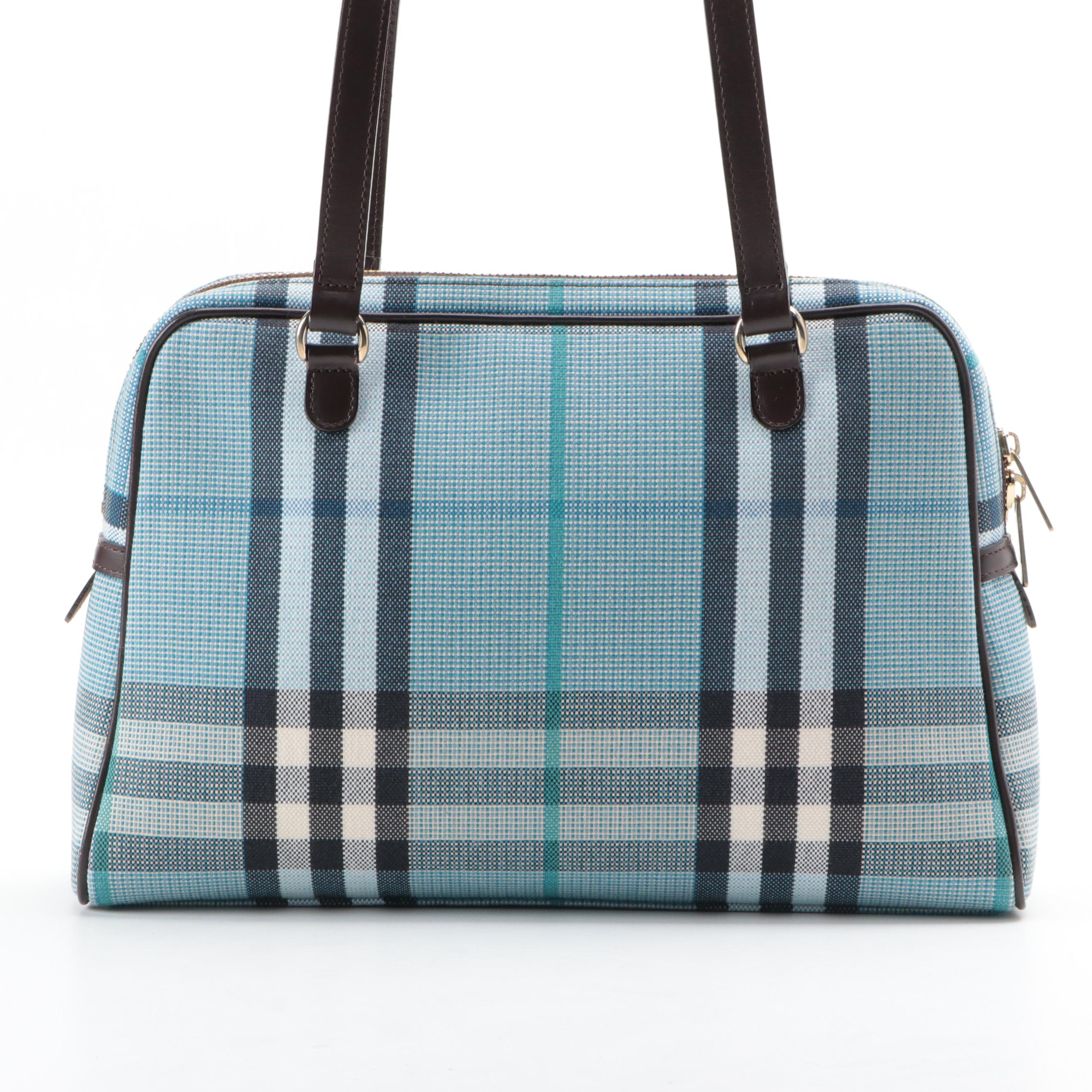 Burberry Blue Zip Shoulder Bag in Blue Nova Check Canvas and Dark Brown Leather