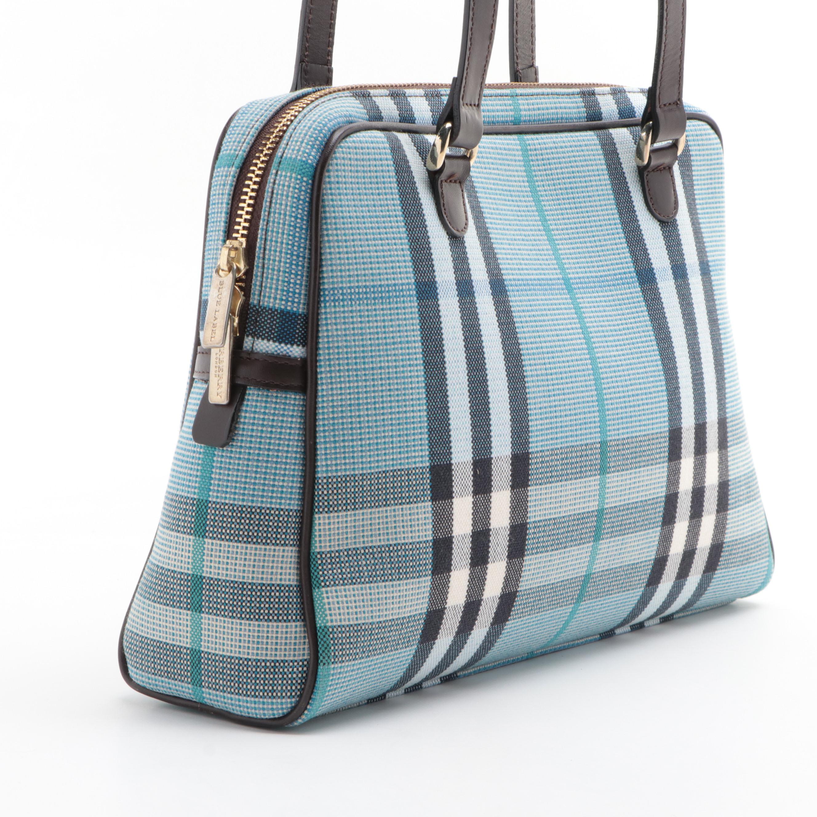 Burberry Blue Zip Shoulder Bag in Blue Nova Check Canvas and Dark Brown Leather