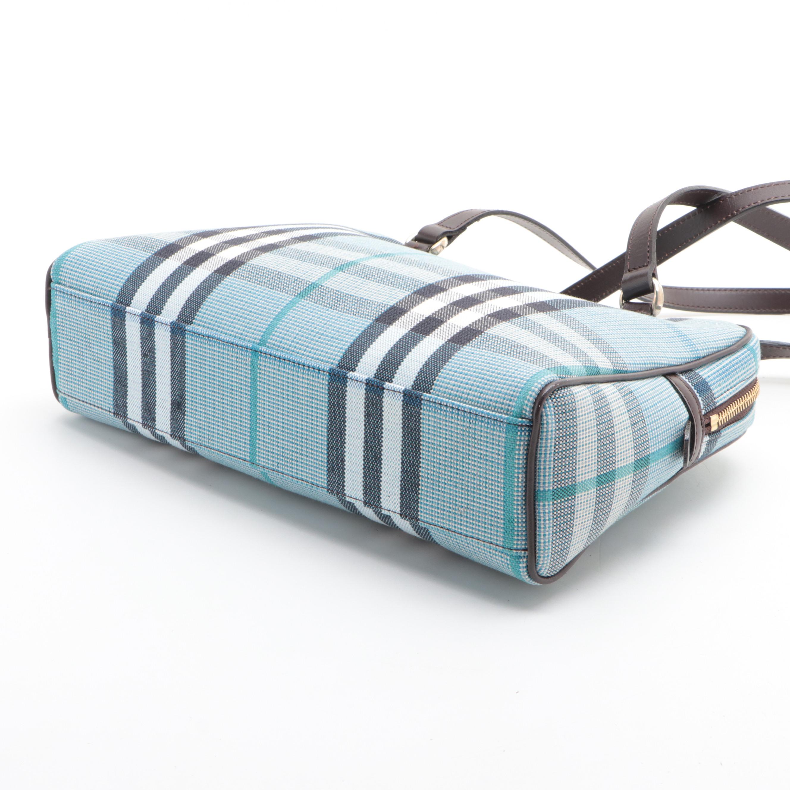 Burberry Blue Zip Shoulder Bag in Blue Nova Check Canvas and Dark Brown Leather