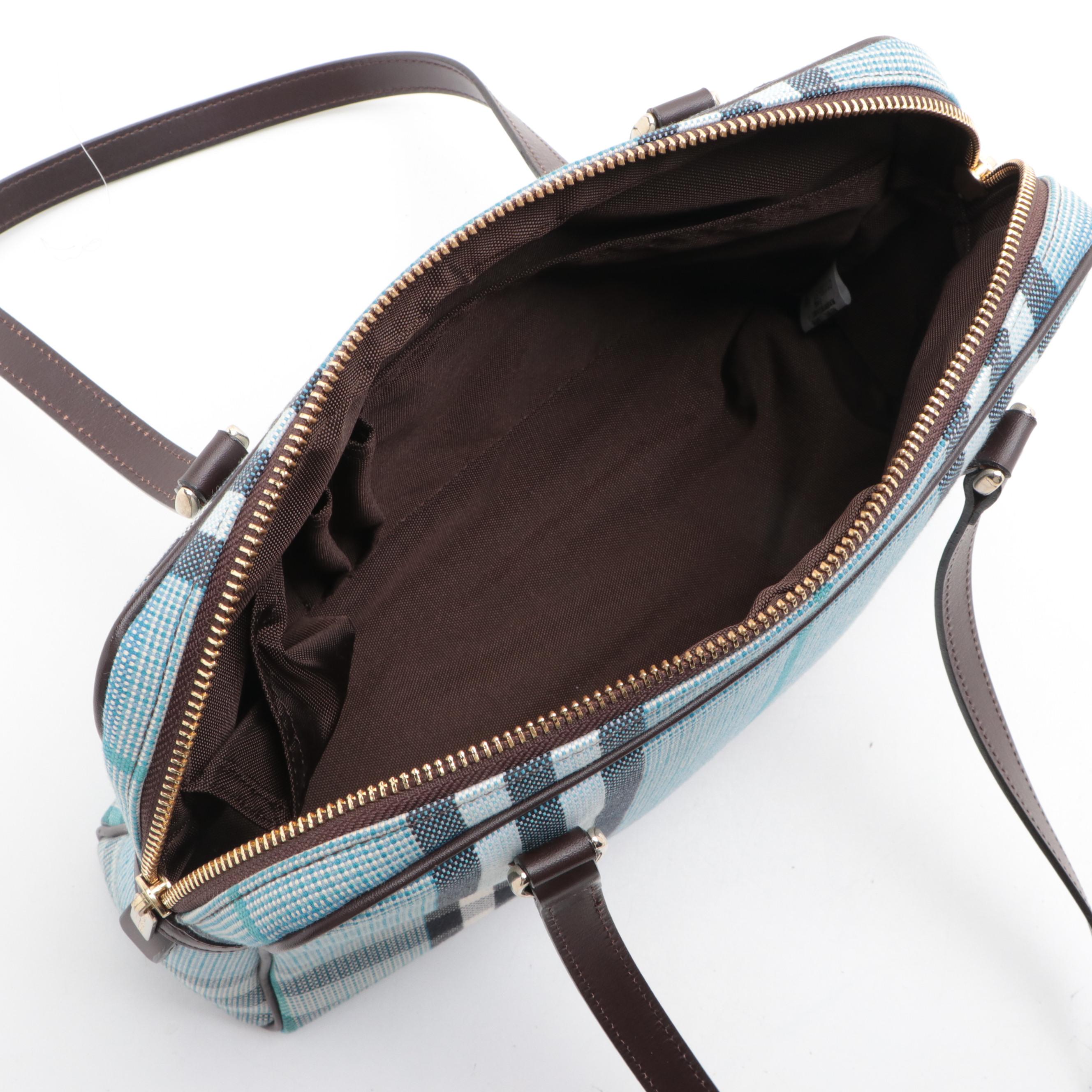 Burberry Blue Zip Shoulder Bag in Blue Nova Check Canvas and Dark Brown Leather