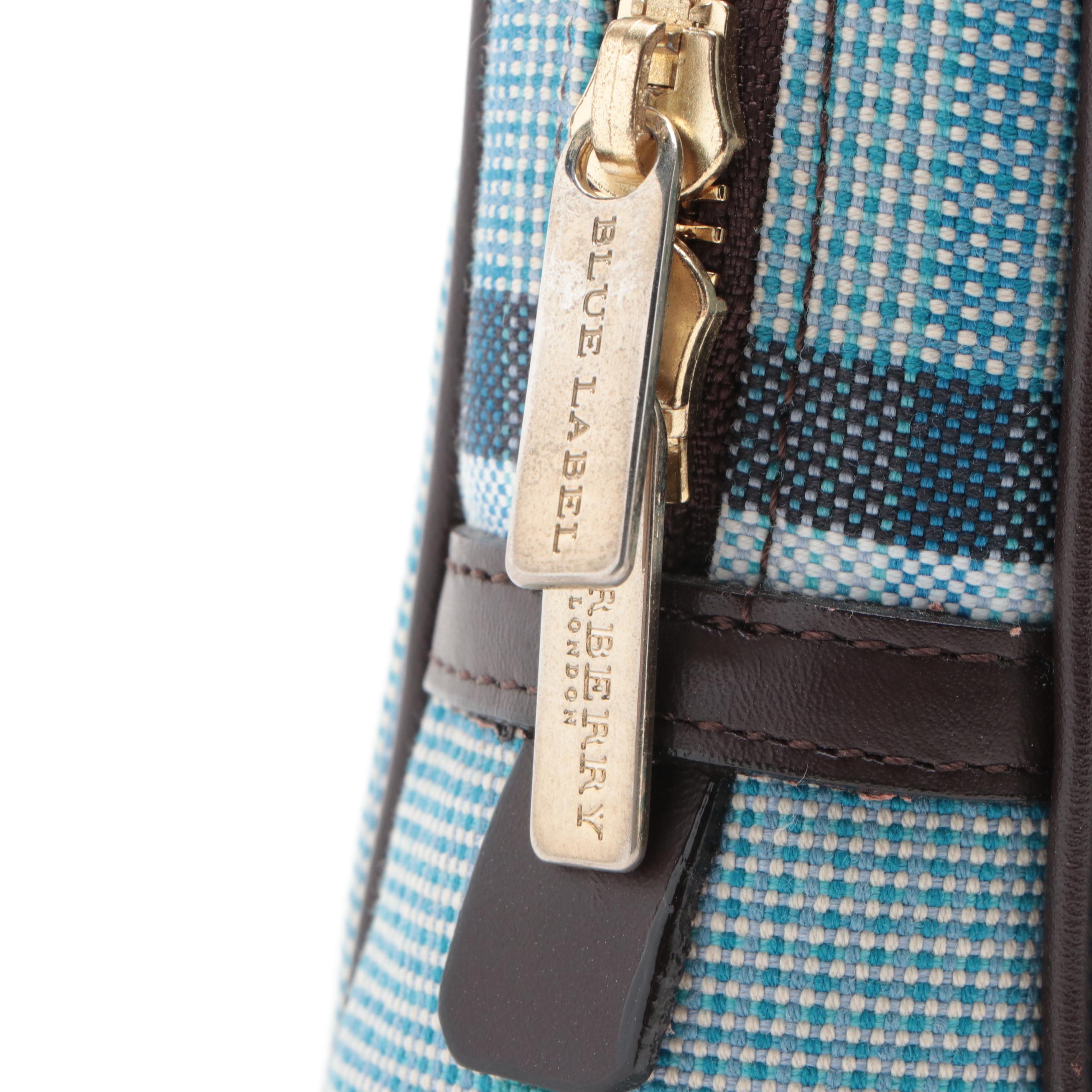 Burberry Blue Zip Shoulder Bag in Blue Nova Check Canvas and Dark Brown Leather