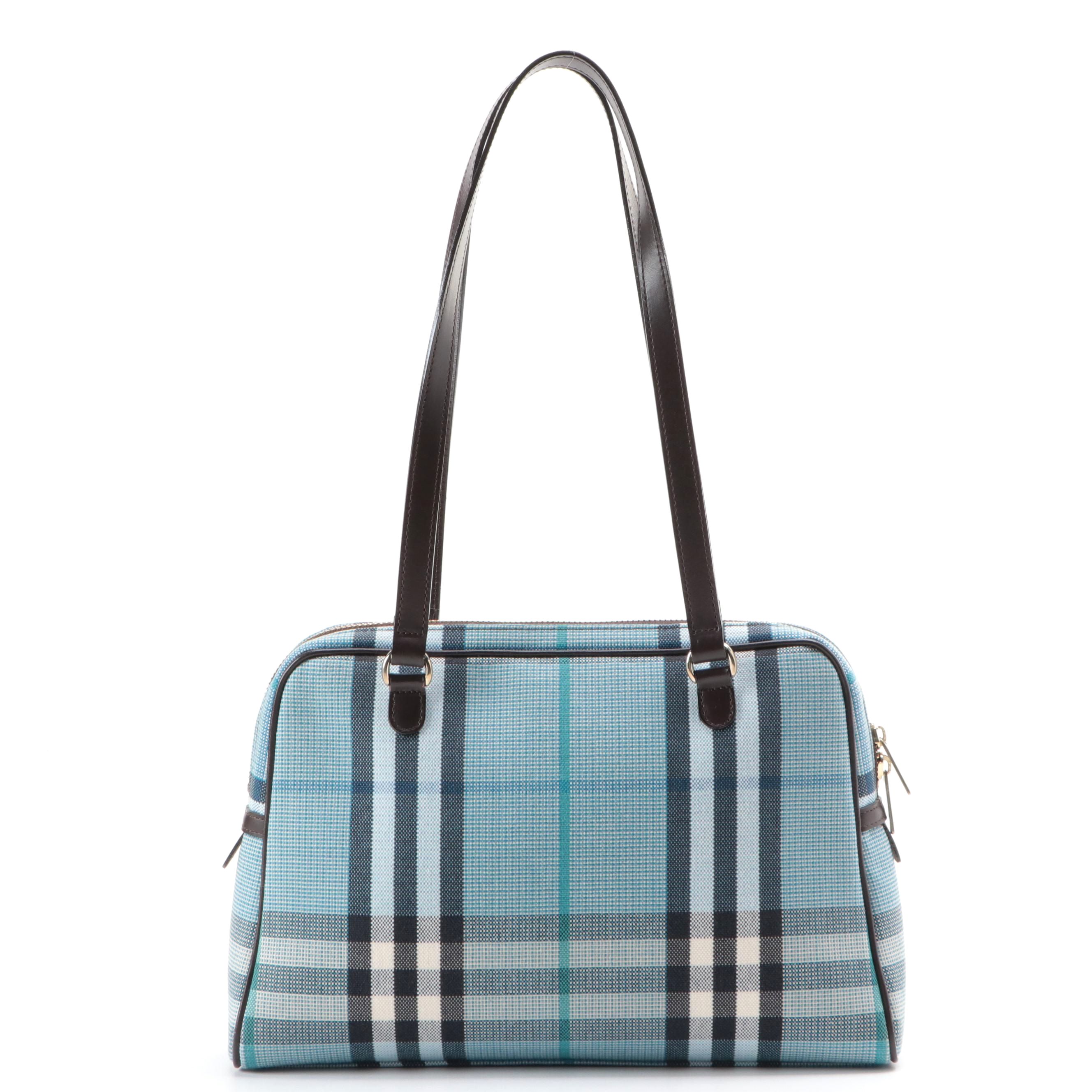 Burberry Blue Zip Shoulder Bag in Blue Nova Check Canvas and Dark Brown Leather
