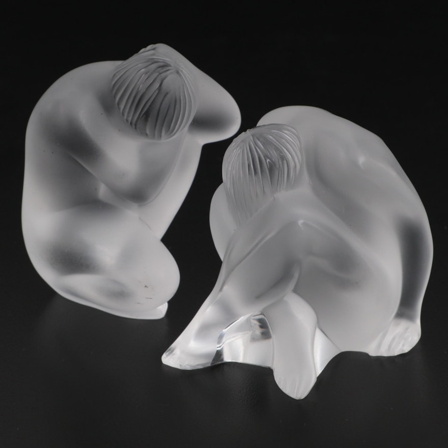 Lalique "Sitting Nude" and "Nude" Frosted Crystal Figural Paperweights