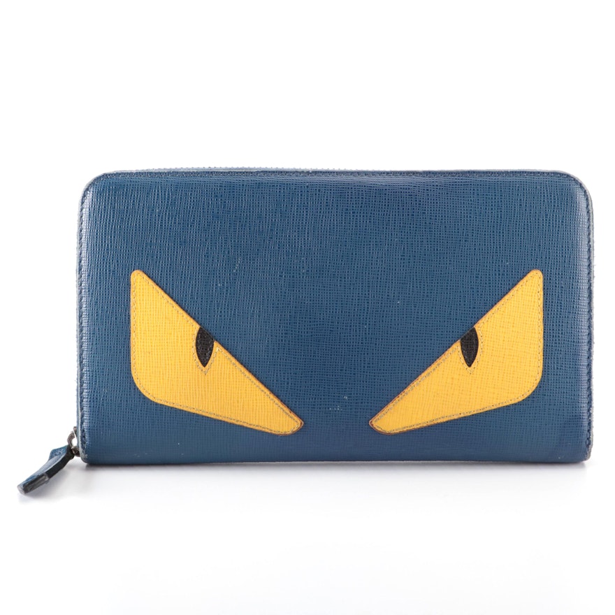 Fendi Monster Zip-Around Wallet in Blue/Yellow Saffiano Leather