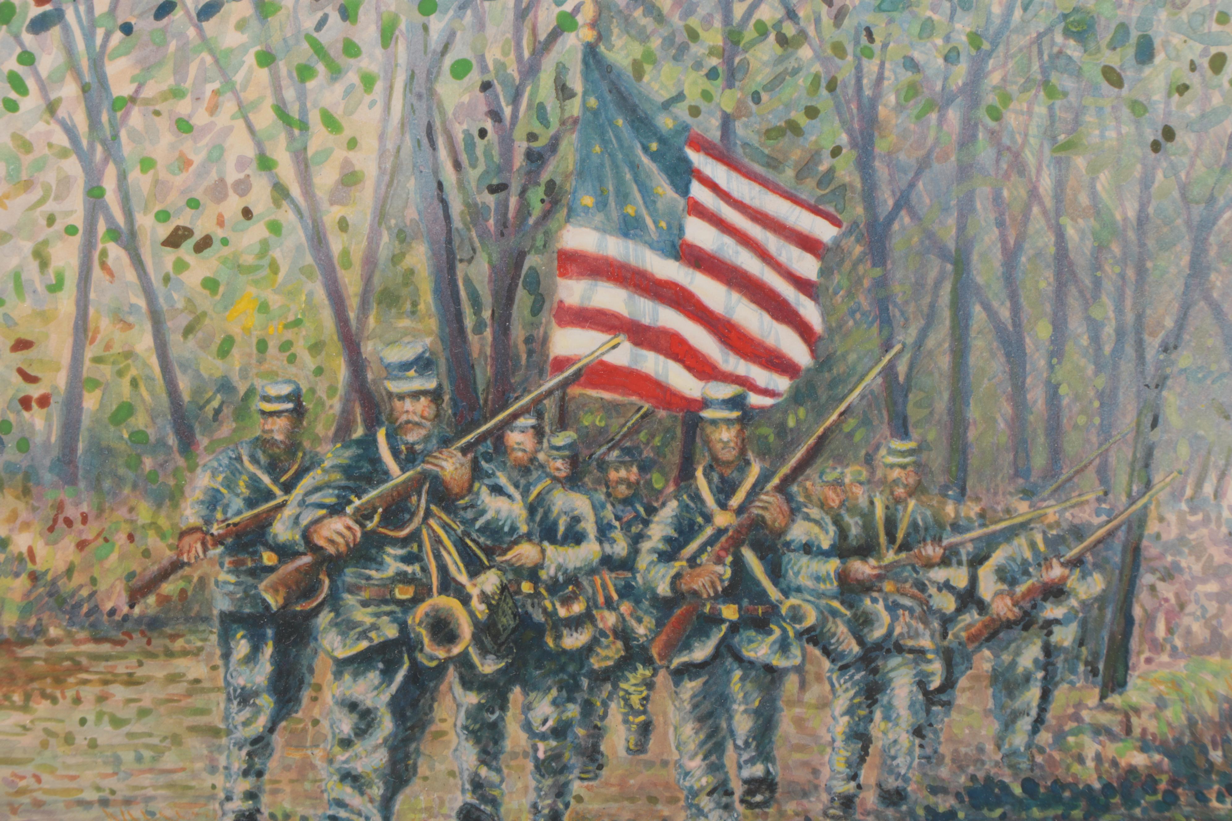 Watercolor Painting of Union Soldiers Carrying the American Flagg