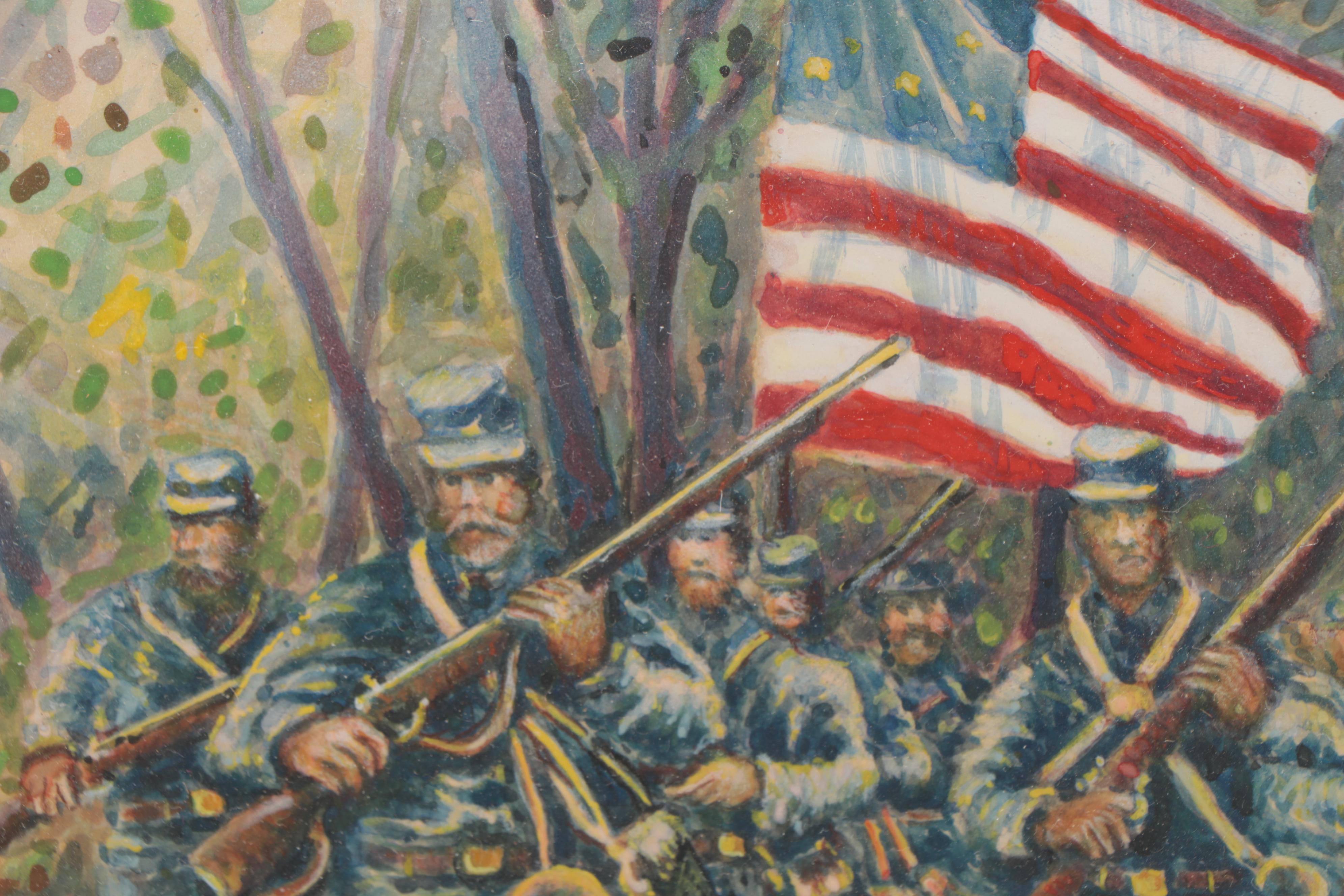 Watercolor Painting of Union Soldiers Carrying the American Flagg