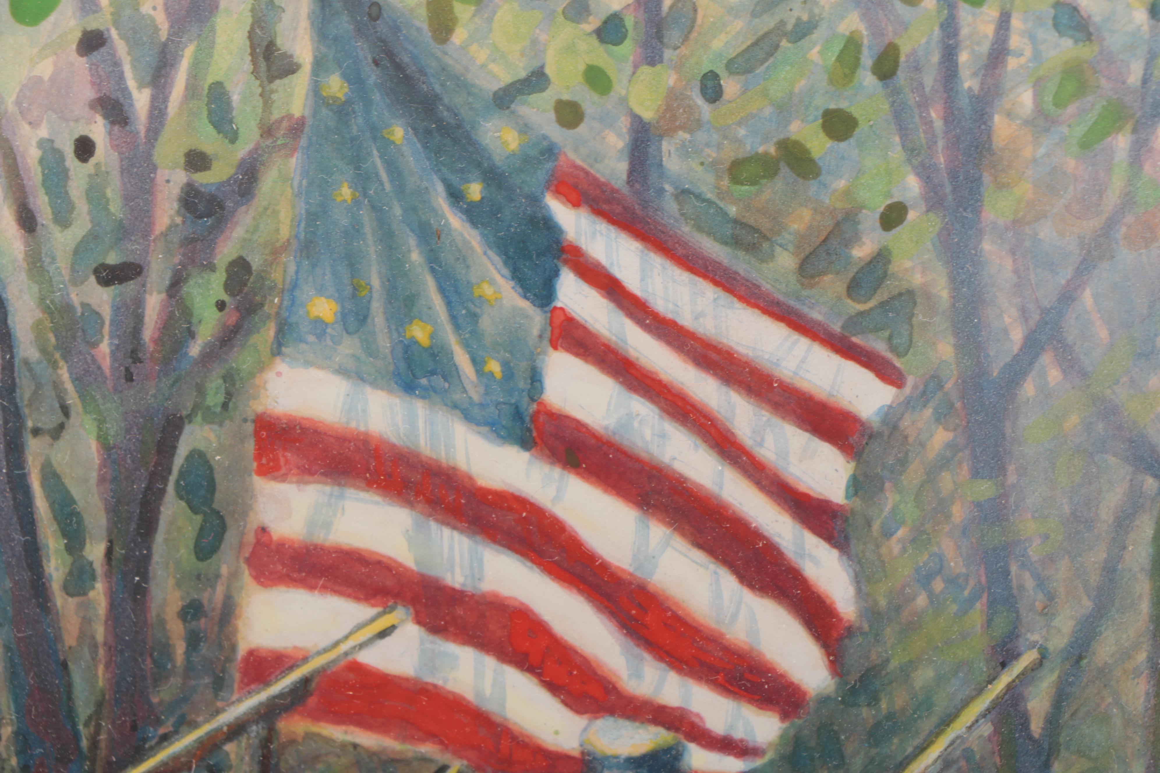 Watercolor Painting of Union Soldiers Carrying the American Flagg