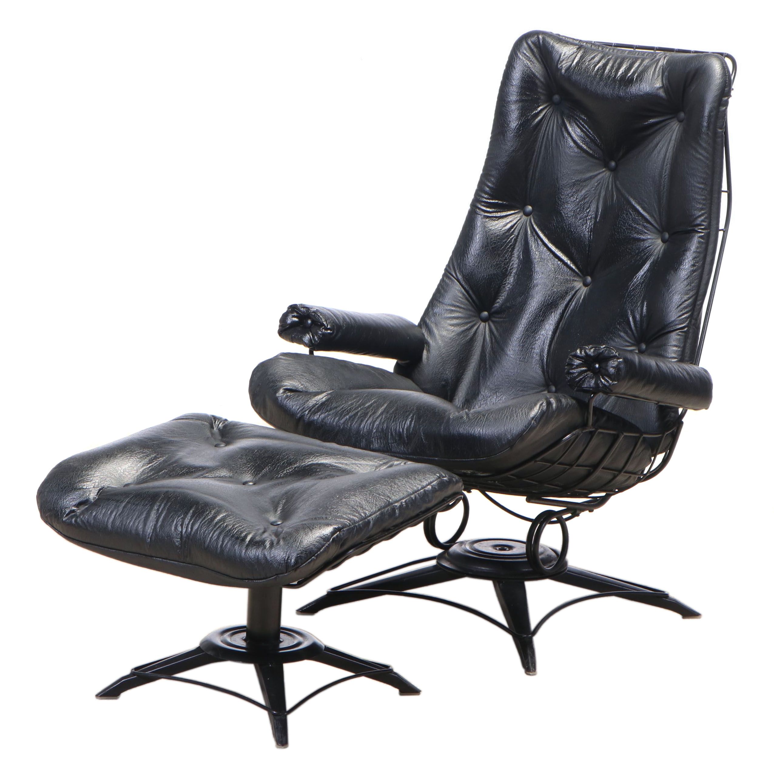 Homecrest Mid Century Modern Steel and Vinyl Lounge Chair and Ottoman, 1970s