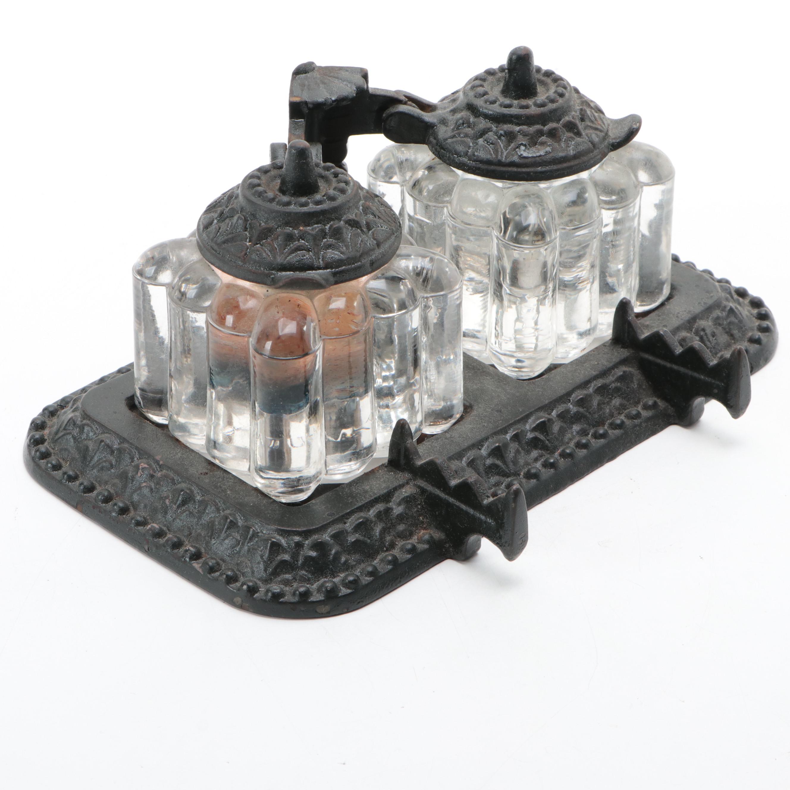 Tatum Victorian Cast Iron and and Pressed Glass Double Inkwell, Late 19th C.