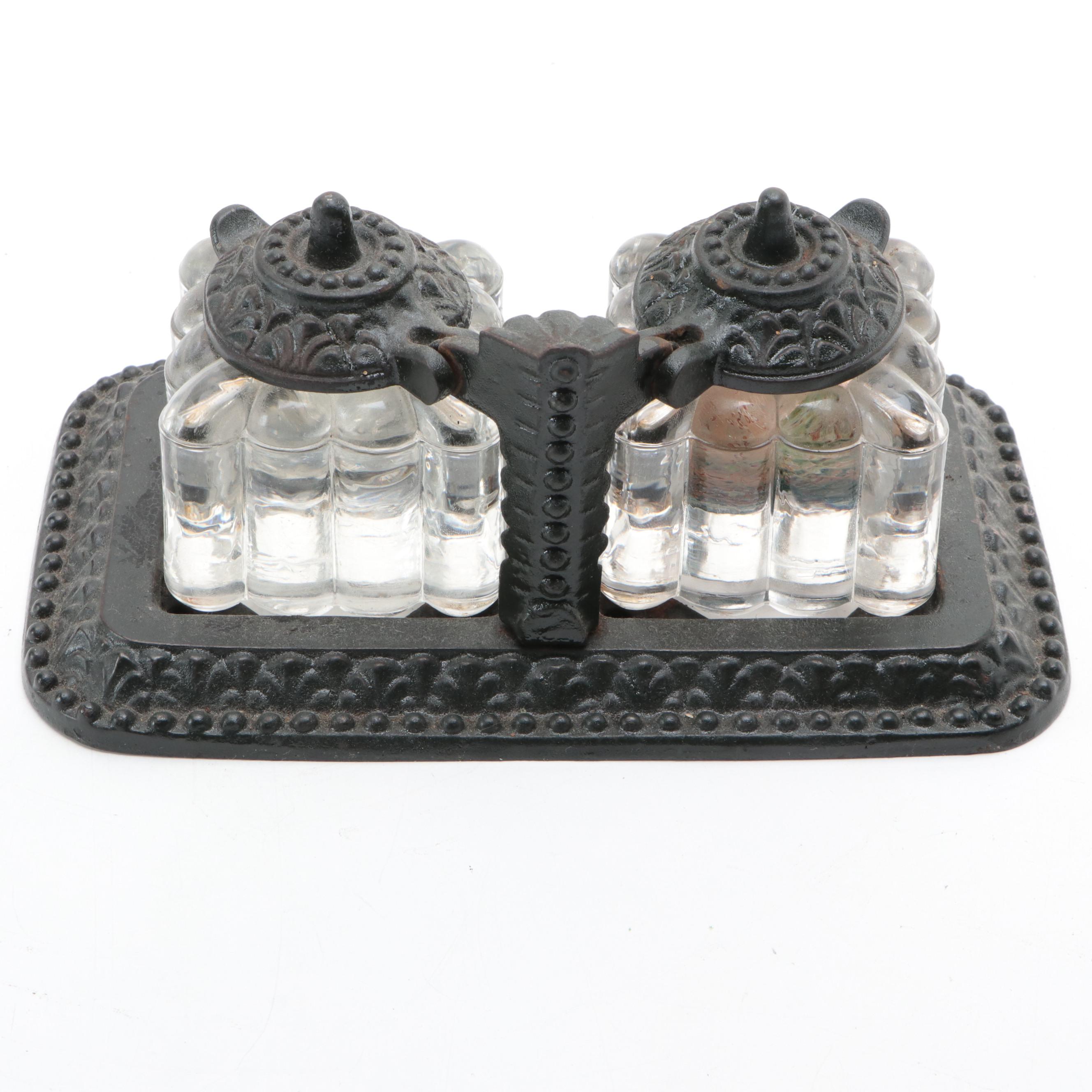 Tatum Victorian Cast Iron and and Pressed Glass Double Inkwell, Late 19th C.