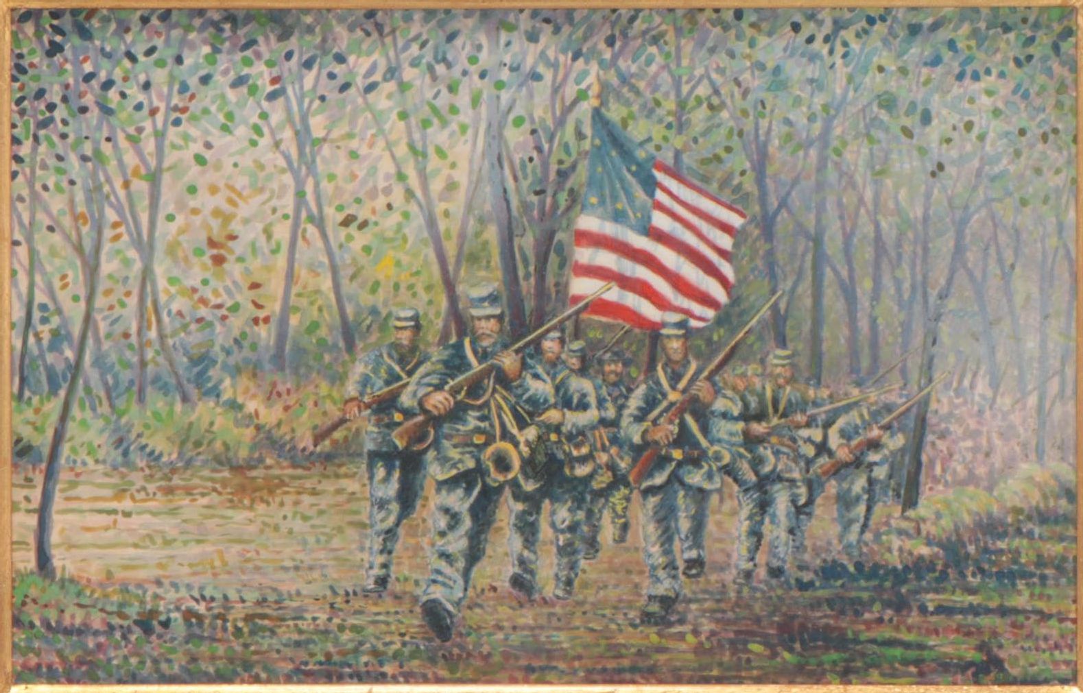 Watercolor Painting of Union Soldiers Carrying the American Flagg