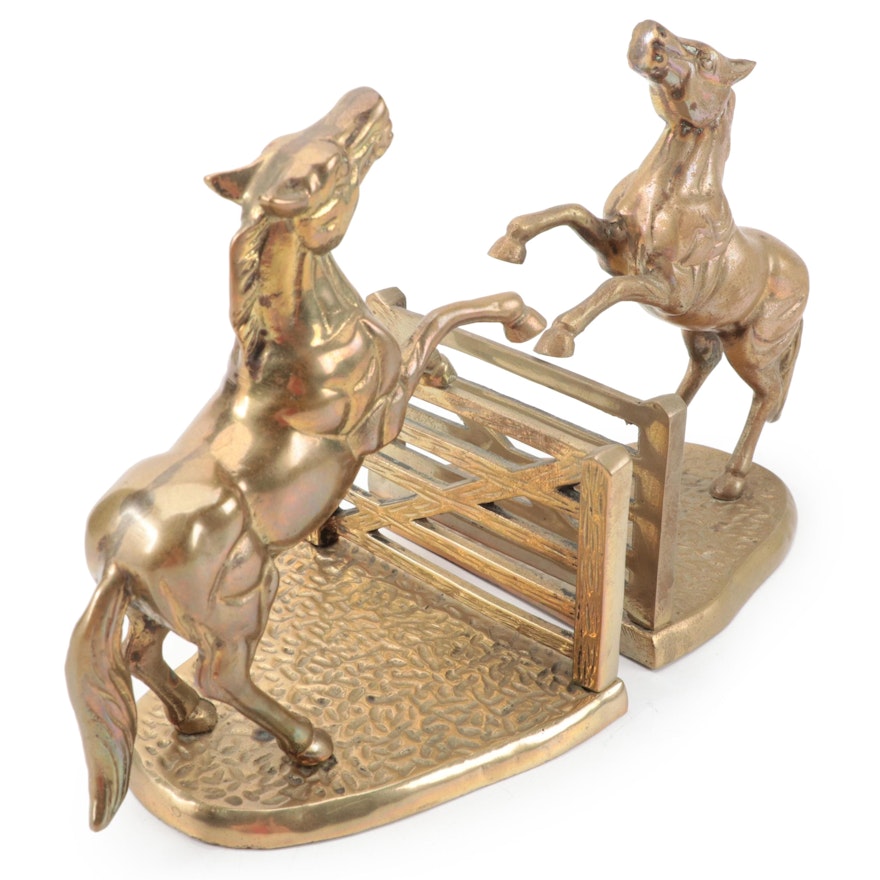 Pair of Brass Rearing Horse Bookends, Mid to Late 20th Century