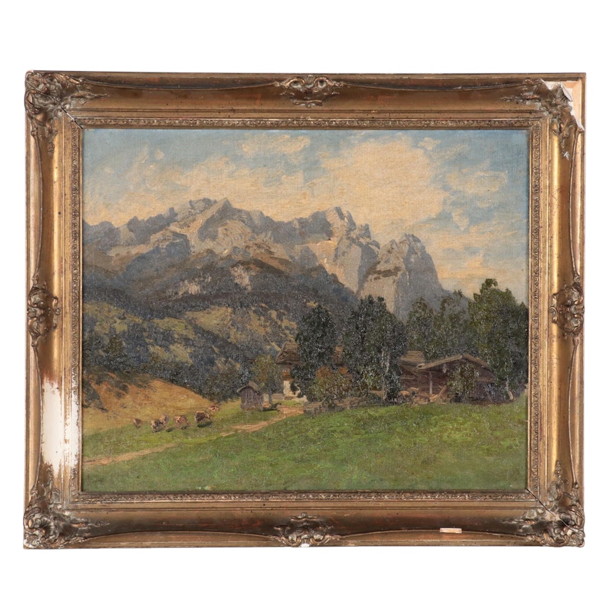 German School Mountain Landscape Oil Painting