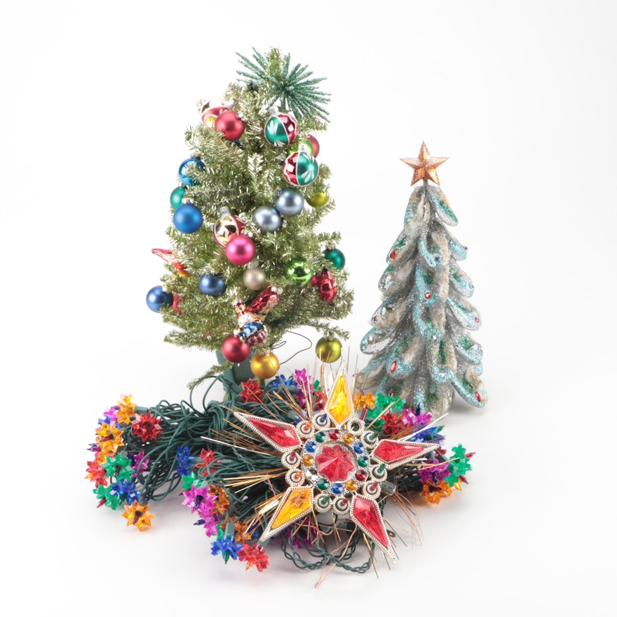 Mesh Glitter Tree With Pre-Lit Tabletop Christmas Tree, Topper and String Lights