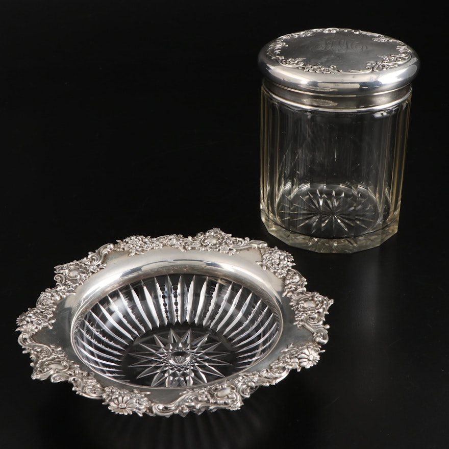 Duhme & Co. Sterling Rimmed Cut Glass Bowl with Other Sterling Lidded Vanity Jar