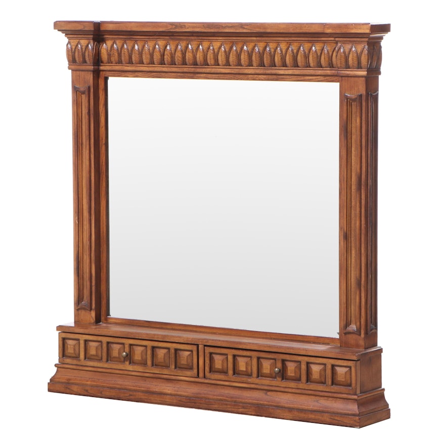 Neoclassical Style Carved Oak Dresser Mirror with Drawers