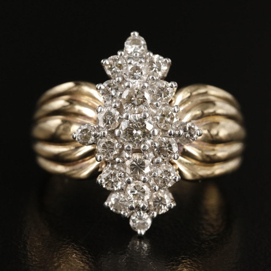 14K 1.00 CTW Diamond Cluster Ring with Fluted Shoulders