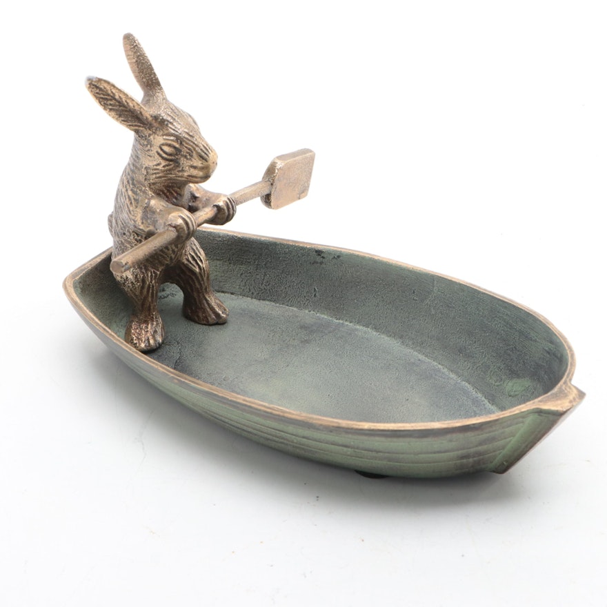 Patinated Cast Metal Rabbit in Rowboat Trinket Dish