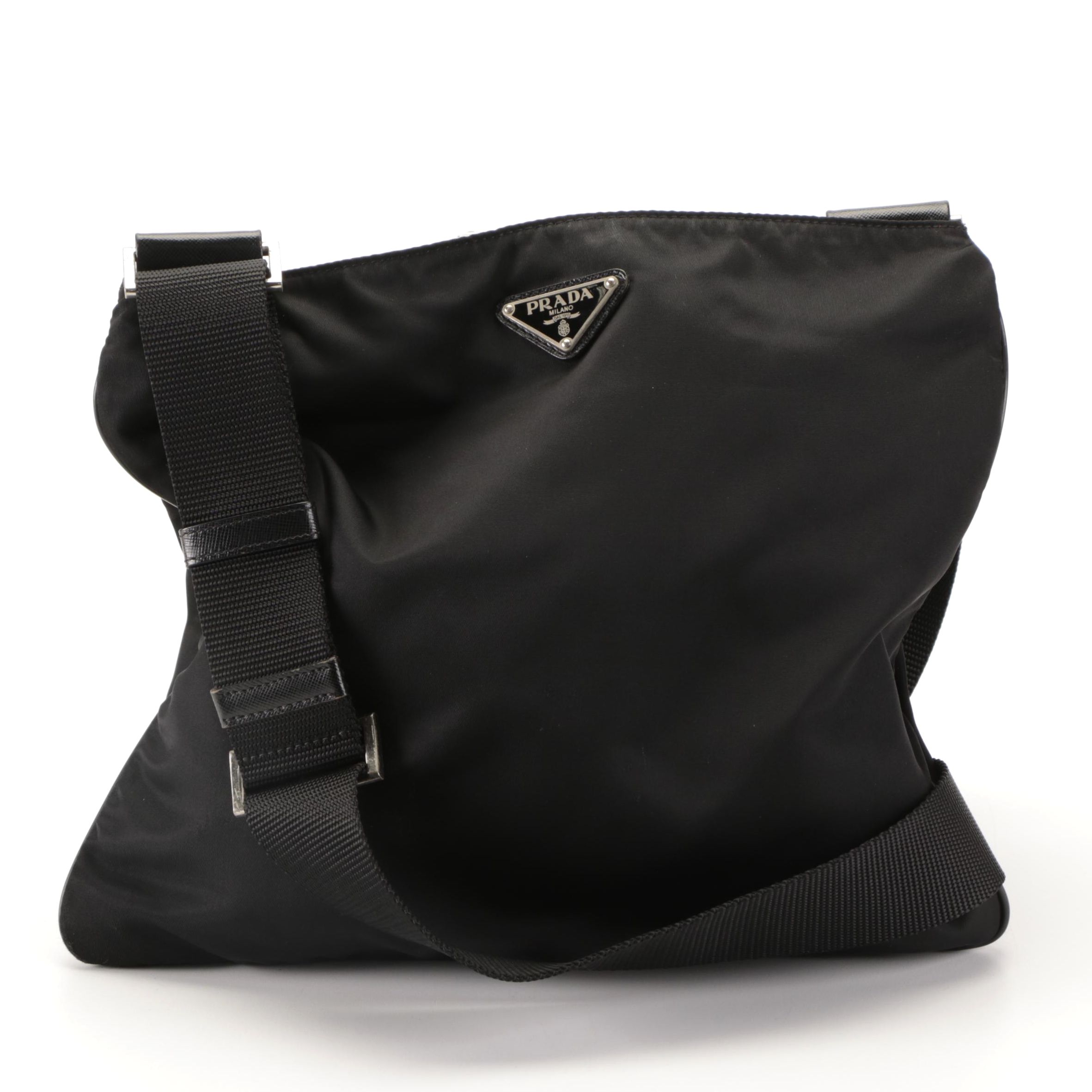 Prada Flat Crossbody Bag in Black Tessuto Nylon and Leather