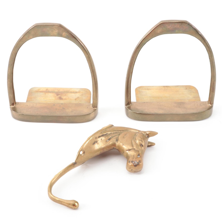 Cast Brass Stirrup Bookends and Horse Head Wall Hook