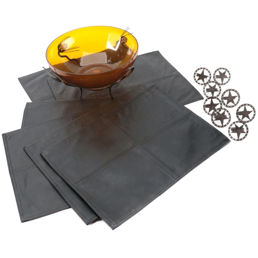 Amber Glass Centerpiece Bowl on Wrought Iron Stand with Other Tableware