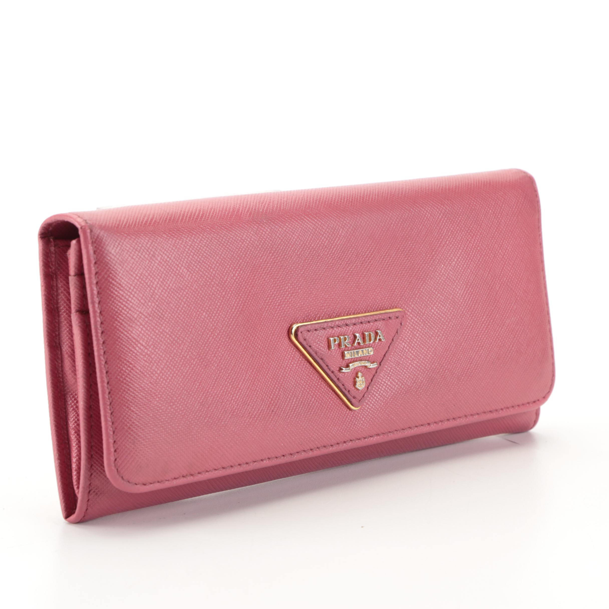 Prada Pink Saffiano Leather Continental Zip Wallet with Box