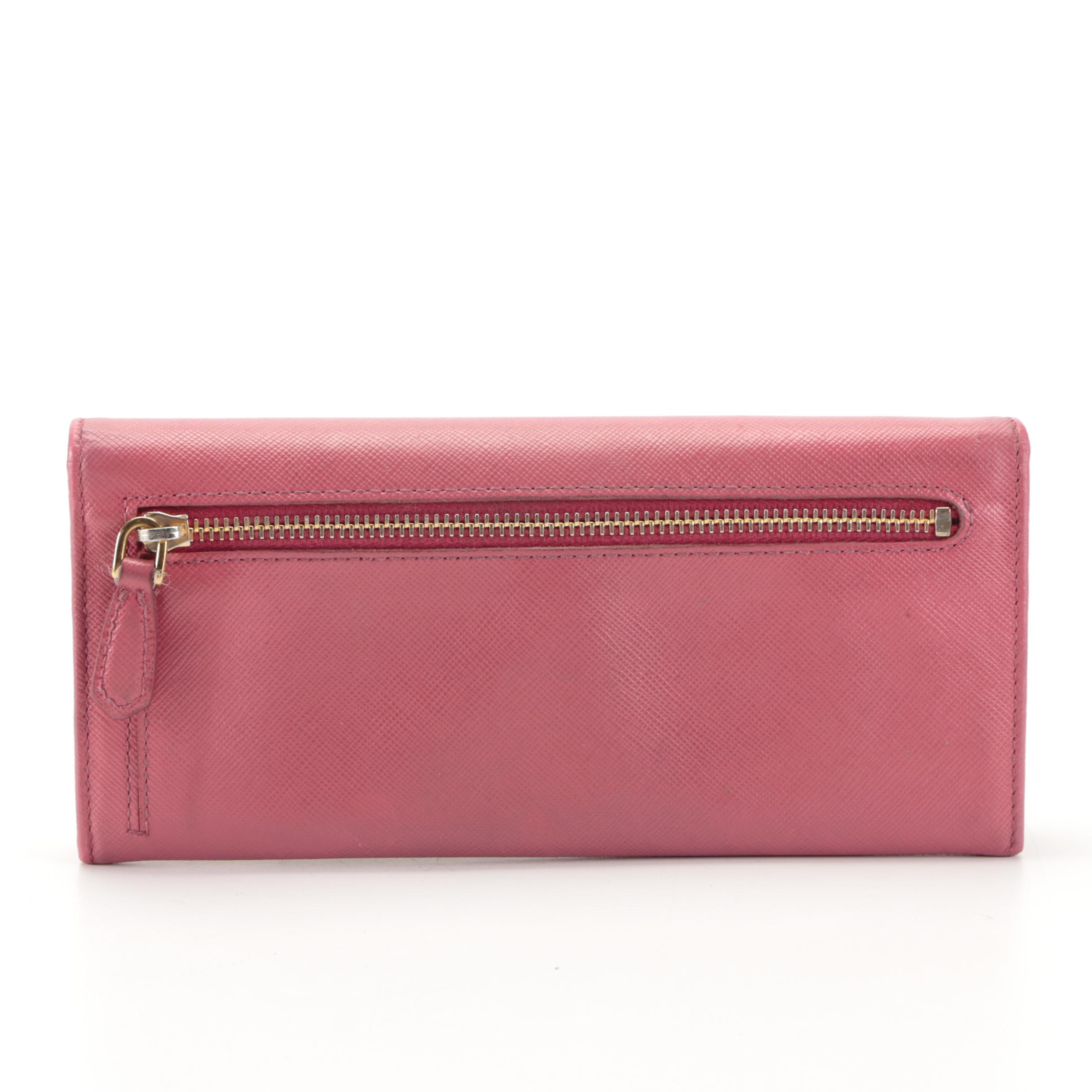 Prada Pink Saffiano Leather Continental Zip Wallet with Box