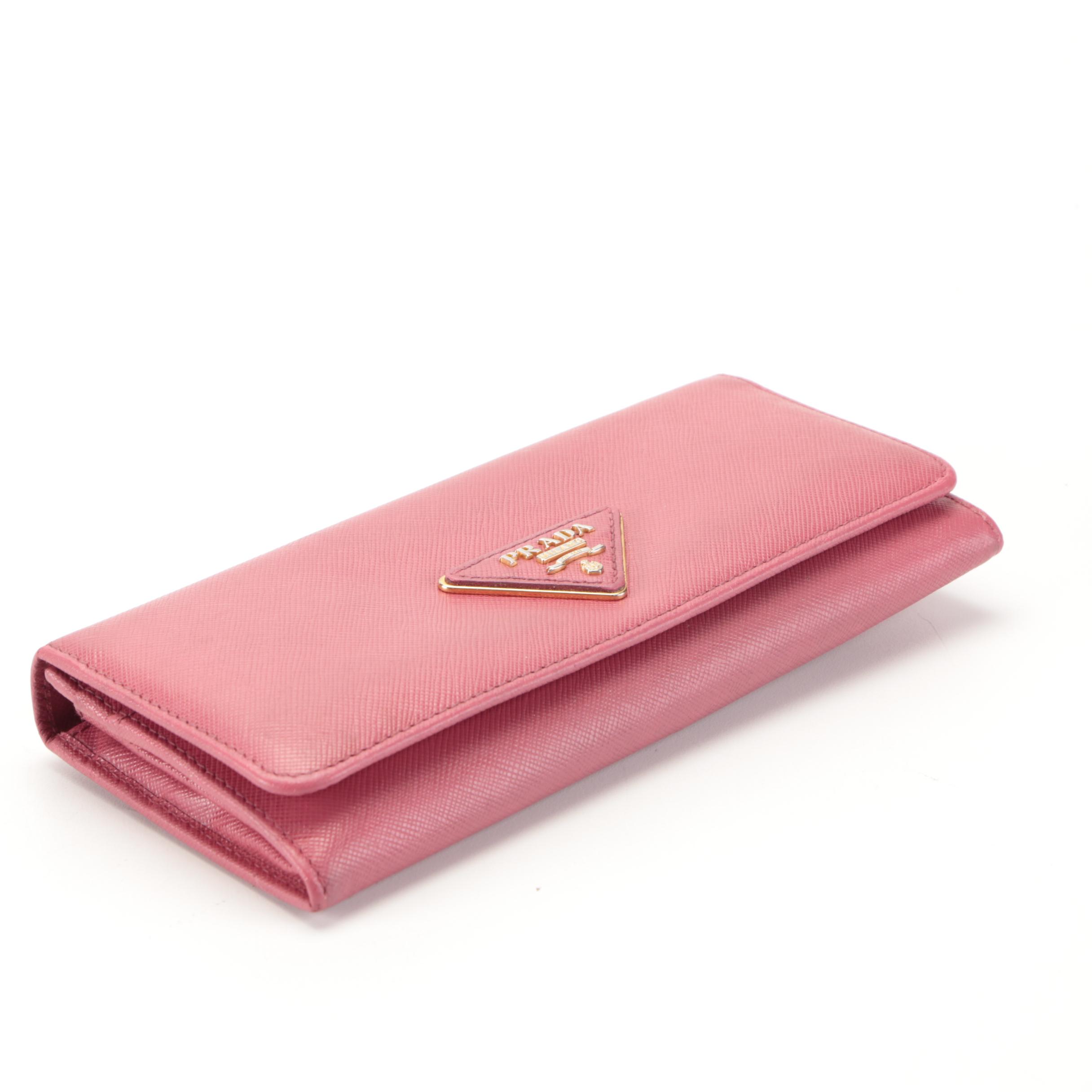Prada Pink Saffiano Leather Continental Zip Wallet with Box