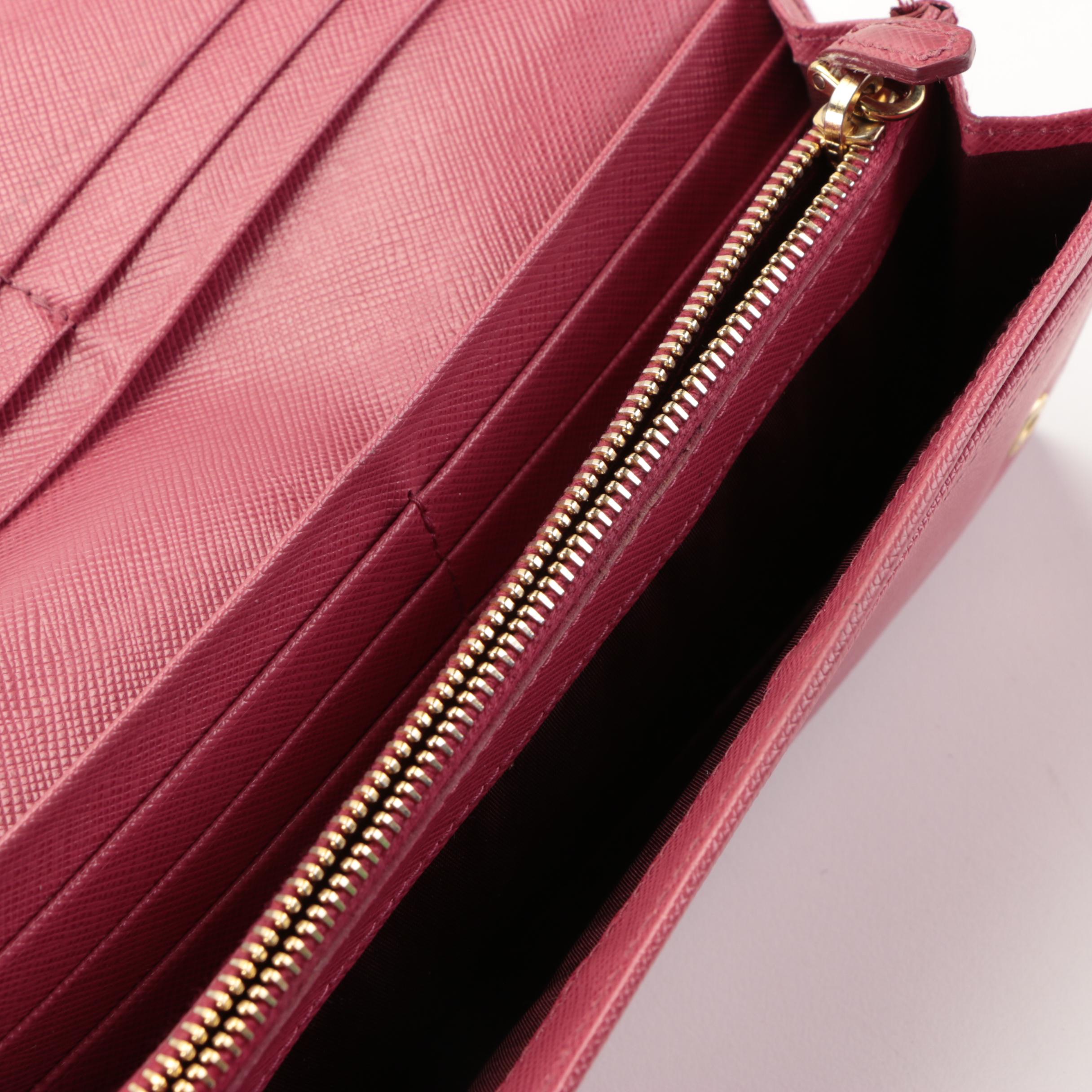 Prada Pink Saffiano Leather Continental Zip Wallet with Box