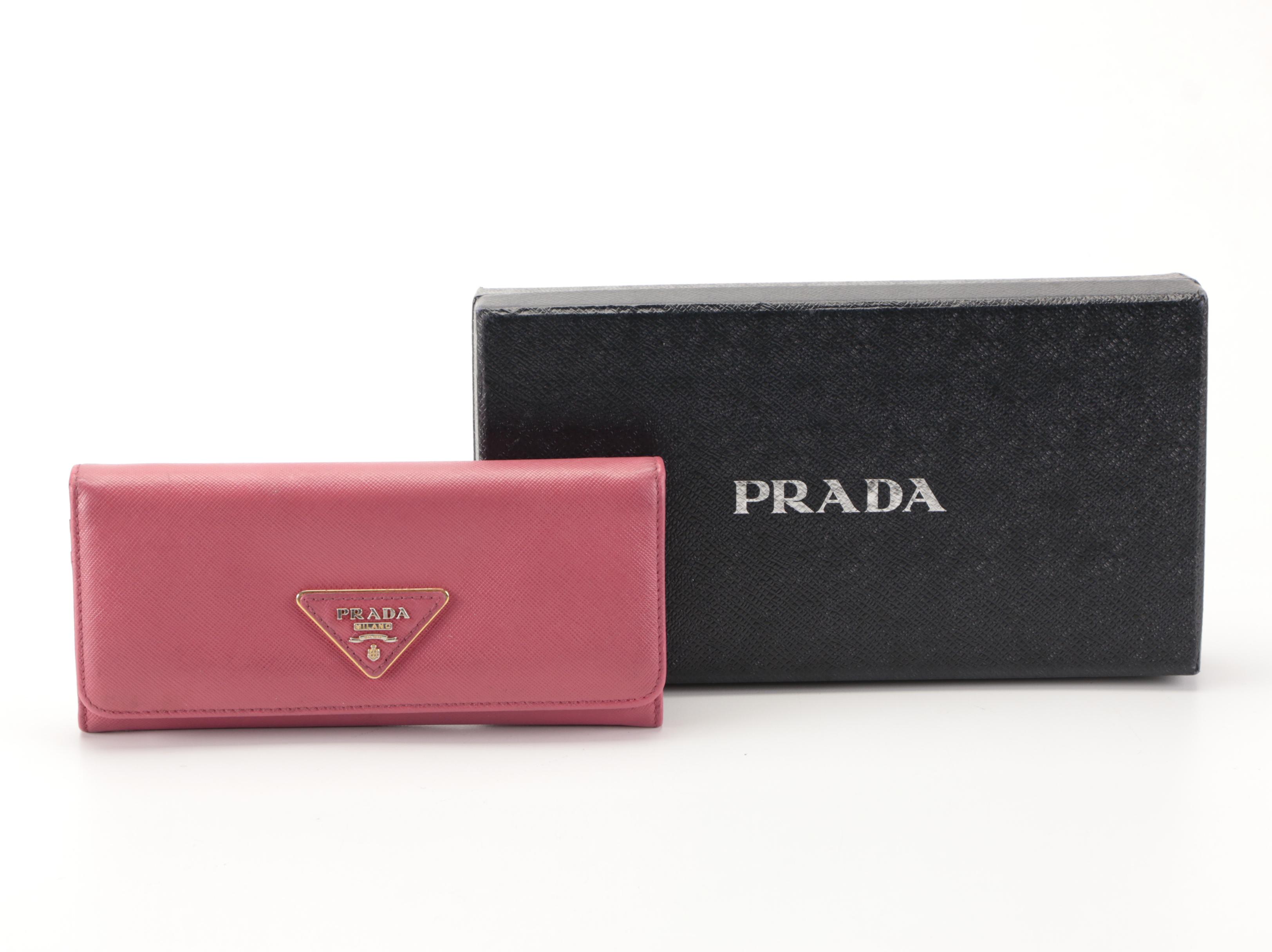 Prada Pink Saffiano Leather Continental Zip Wallet with Box