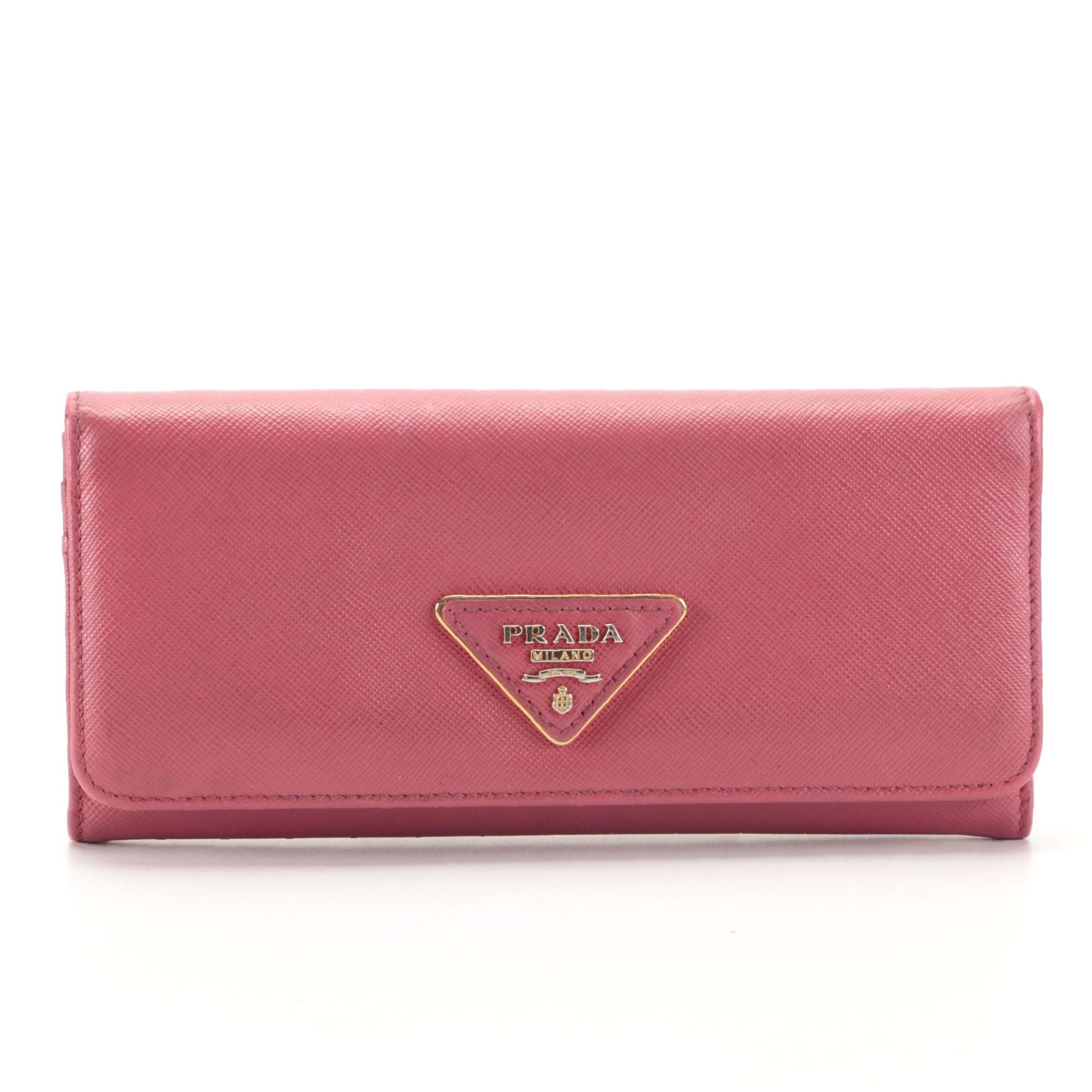 Prada Pink Saffiano Leather Continental Zip Wallet with Box