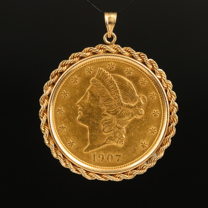 1907 Liberty Head Type-3 Gold Double Eagle in 14K Pendant