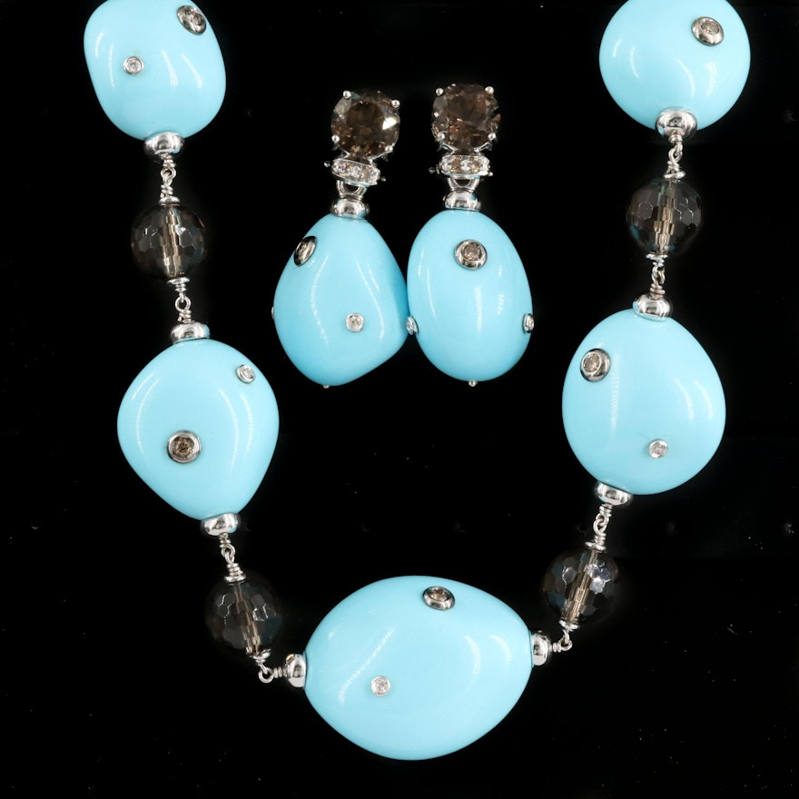 Mangiarotti 18K Necklace and Earring Set with 1.12 CTW Diamonds and Smoky Quartz