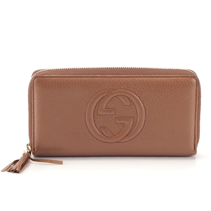 Gucci Soho Long Zippy Wallet in Brown Pebbled Leather with Box