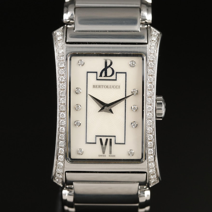 Bertolucci Diamond Stainless Steel Wristwatch with Mother-of-Pearl Dial