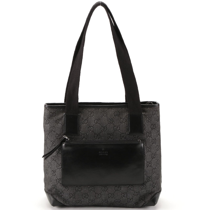 Gucci Front Pocket Tote Bag in Black GG Denim and Smooth Leather