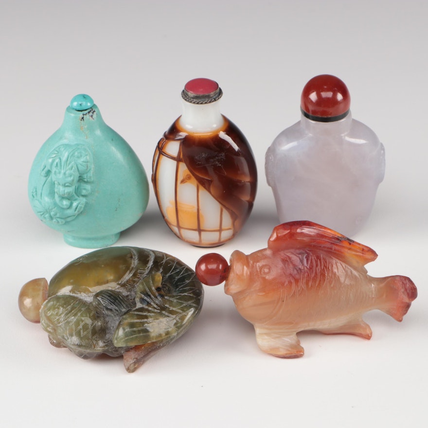Chinese Carved Serpentine, Turquoise, Peking Glass and Other Snuff Bottles