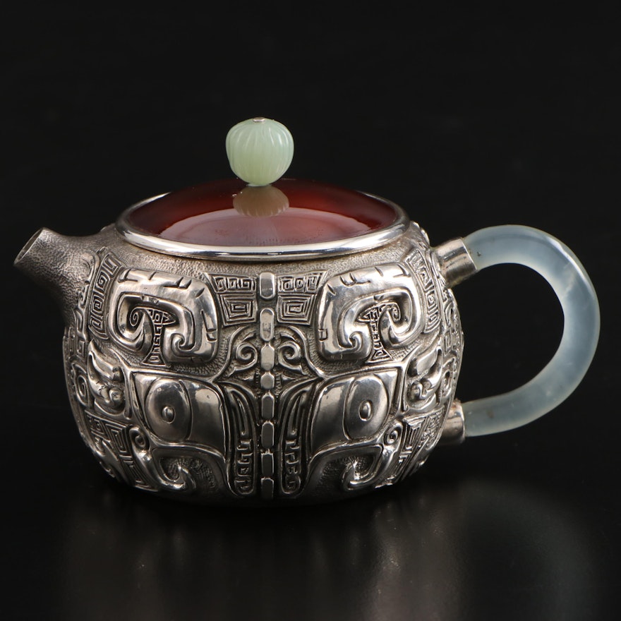 Chinese Archaistic Style Sterling Silver Teapot with Serpentine Handle