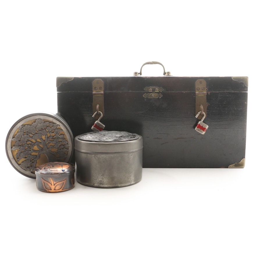 Metzke Pewter Lid and Chile Metal Trinket Boxes and Wooden Train Case