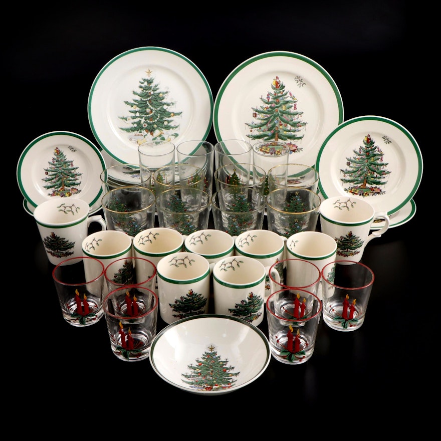 Spode "Christmas Tree" and Other Dinnerware with Federal Glass Tumblers