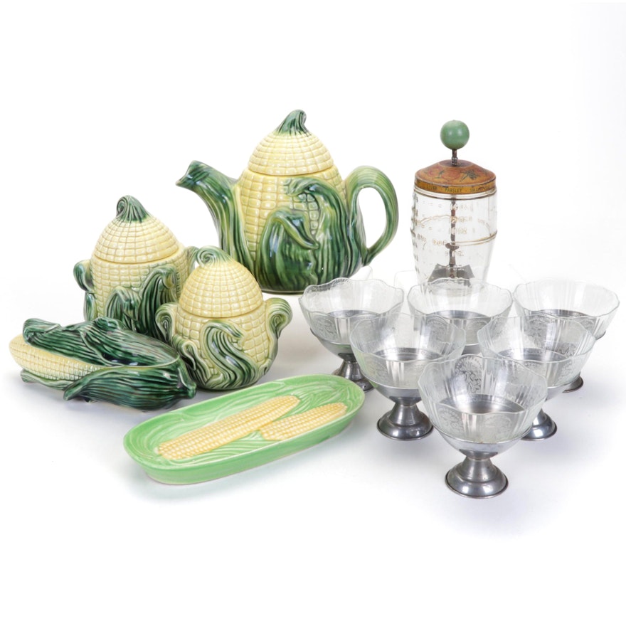 Standfordware Ceramic Corn Teapot and Canisters, Depression Glass Cups, and More