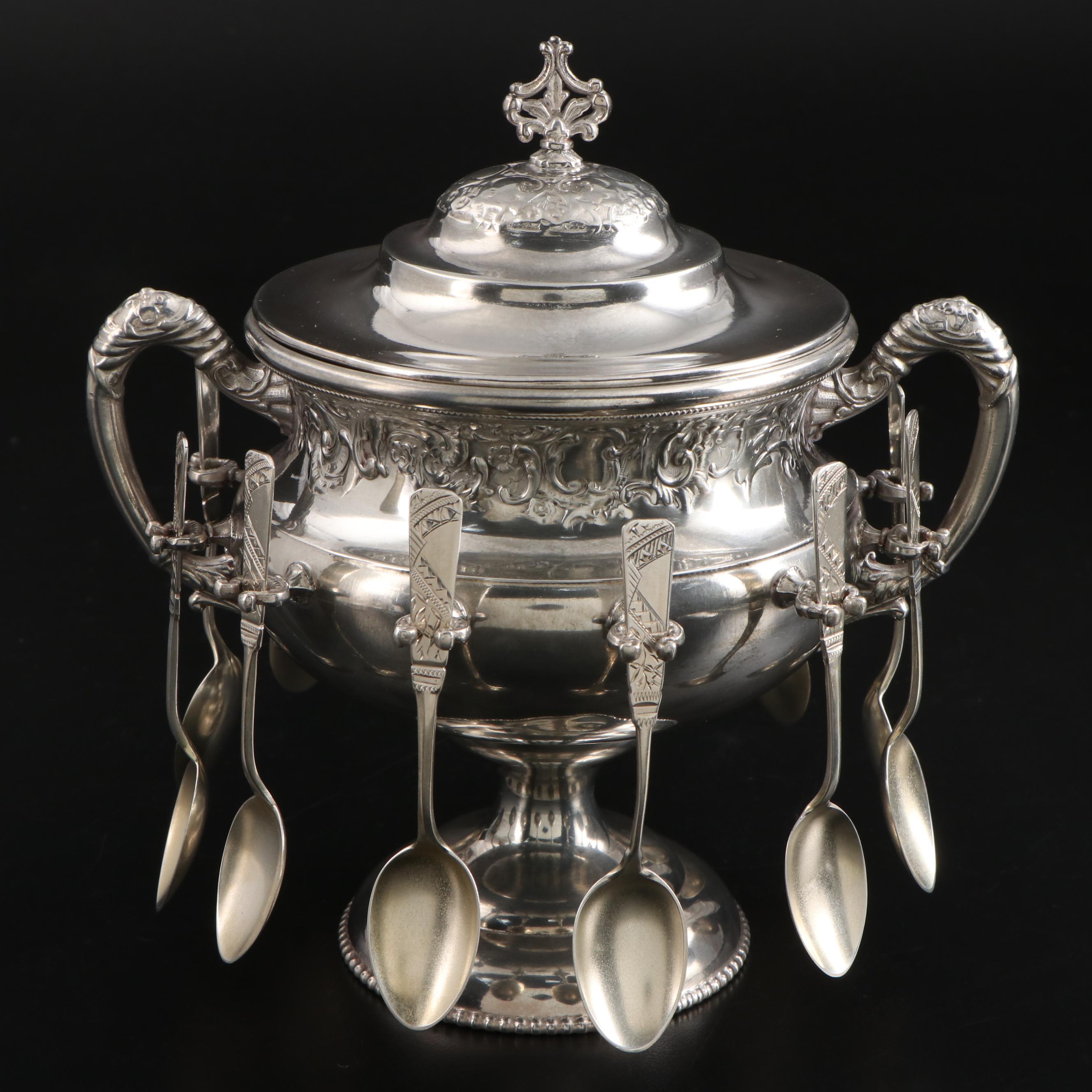 Victorian Style Silver Plate Spooner with Sterling Silver Spoons