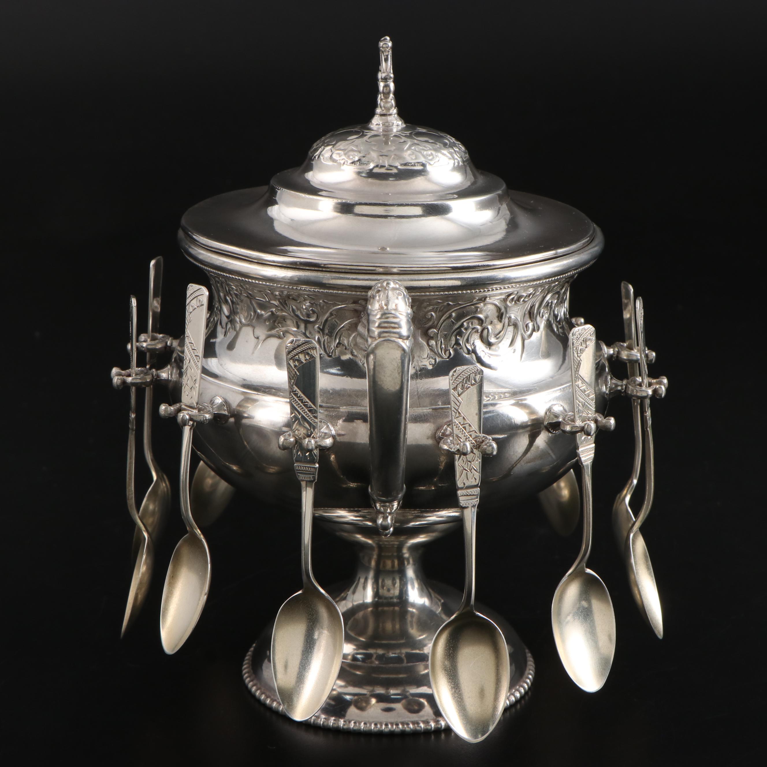 Victorian Style Silver Plate Spooner with Sterling Silver Spoons