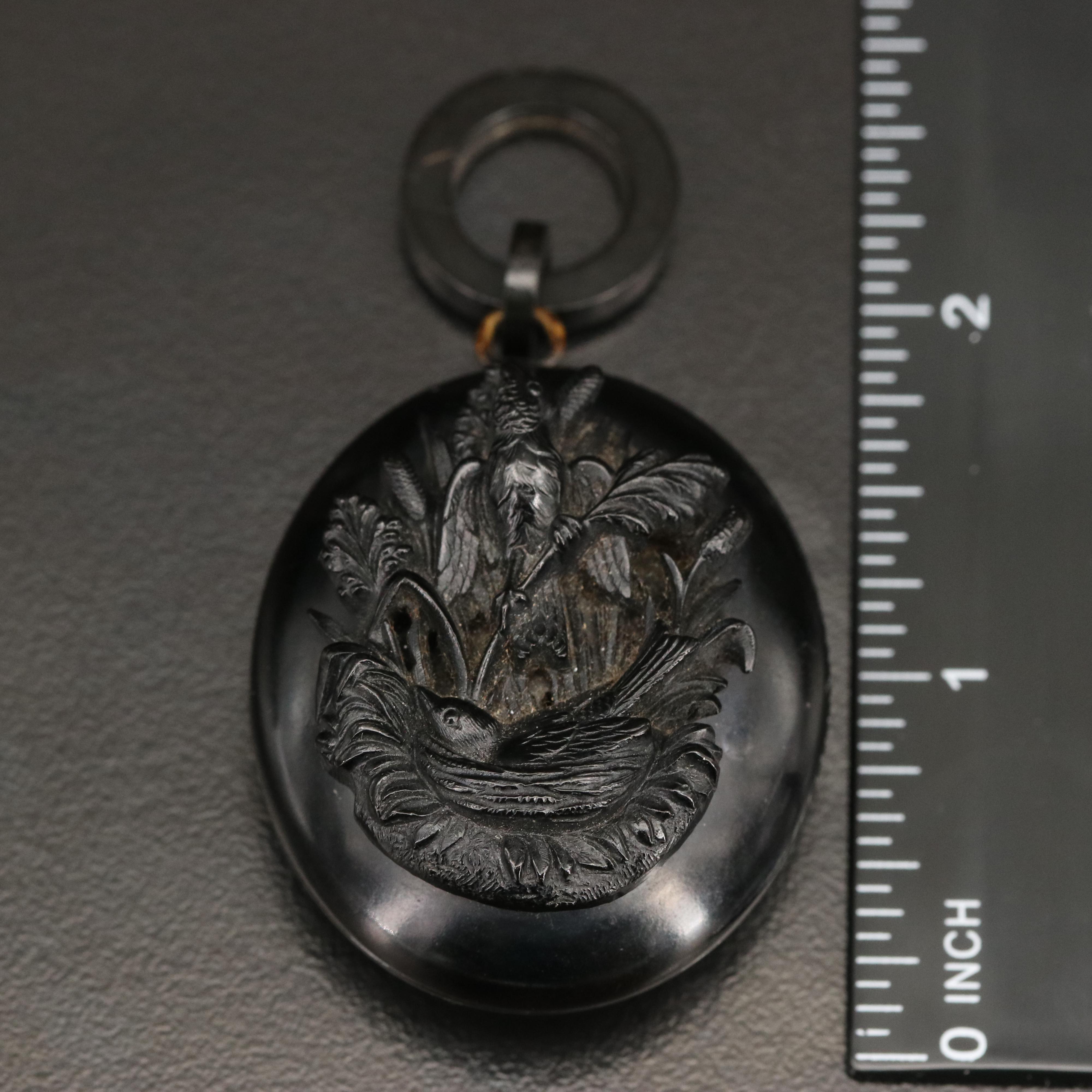 Mid-Victorian High Relief Carved Jet Mourning Locket with Swallows