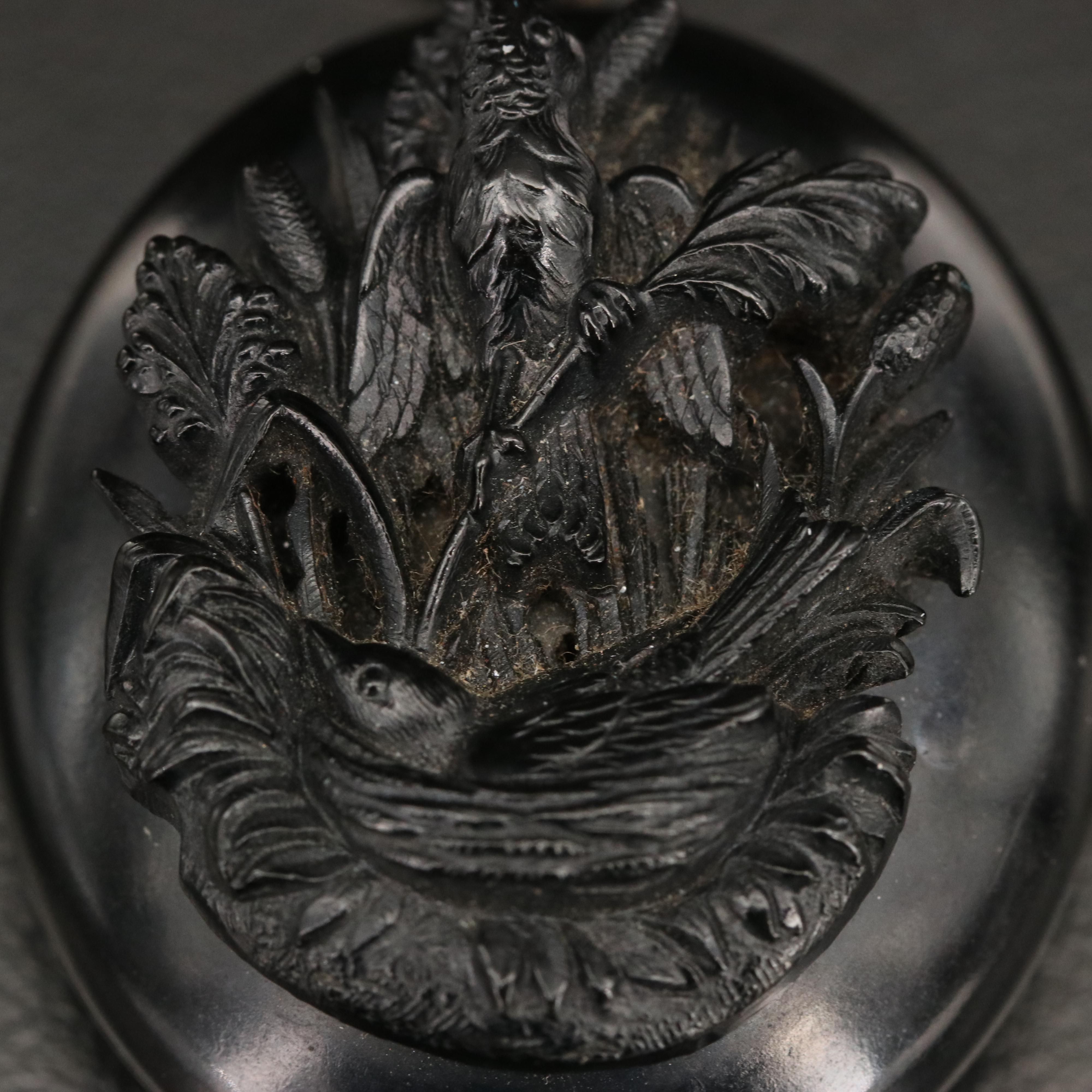 Mid-Victorian High Relief Carved Jet Mourning Locket with Swallows