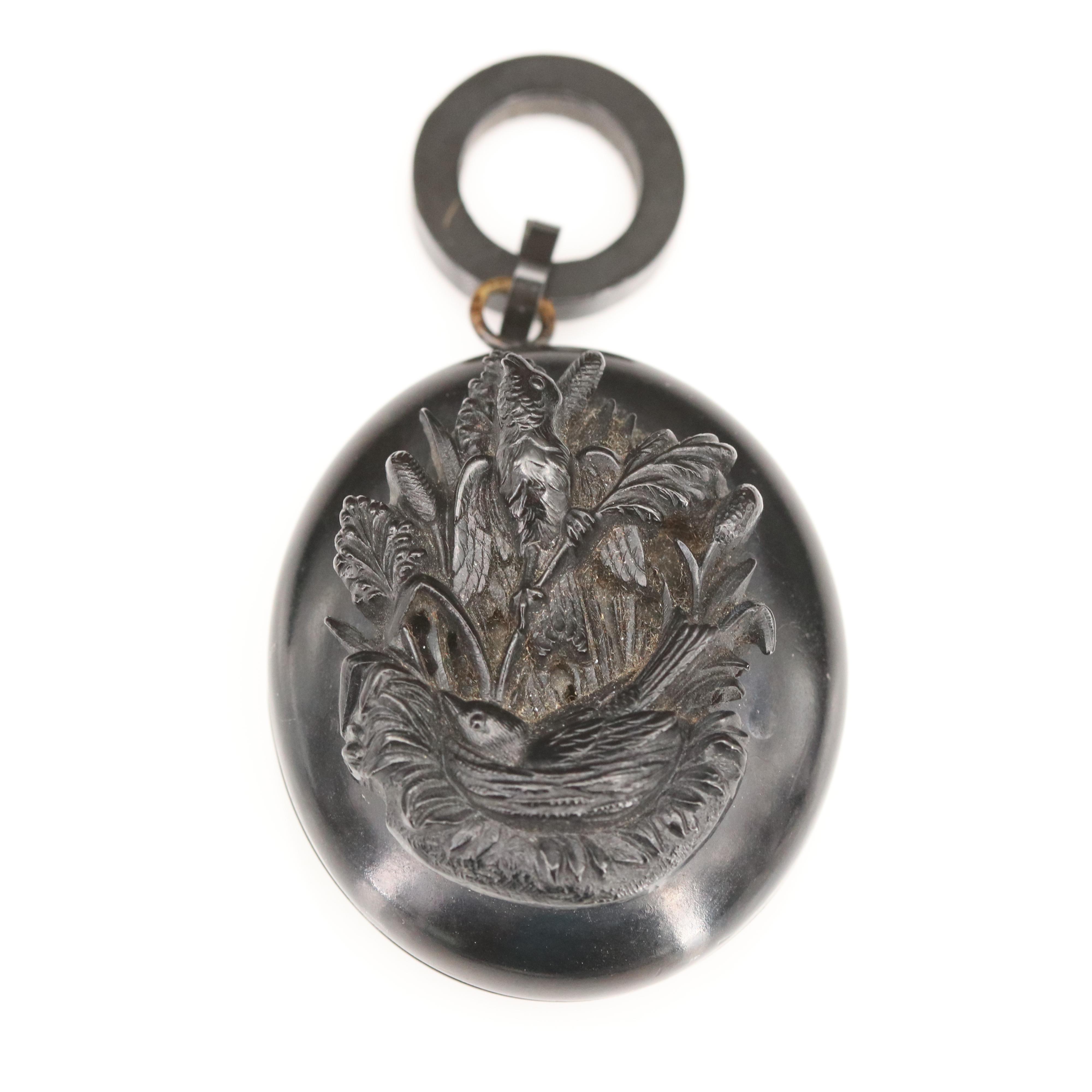 Mid-Victorian High Relief Carved Jet Mourning Locket with Swallows