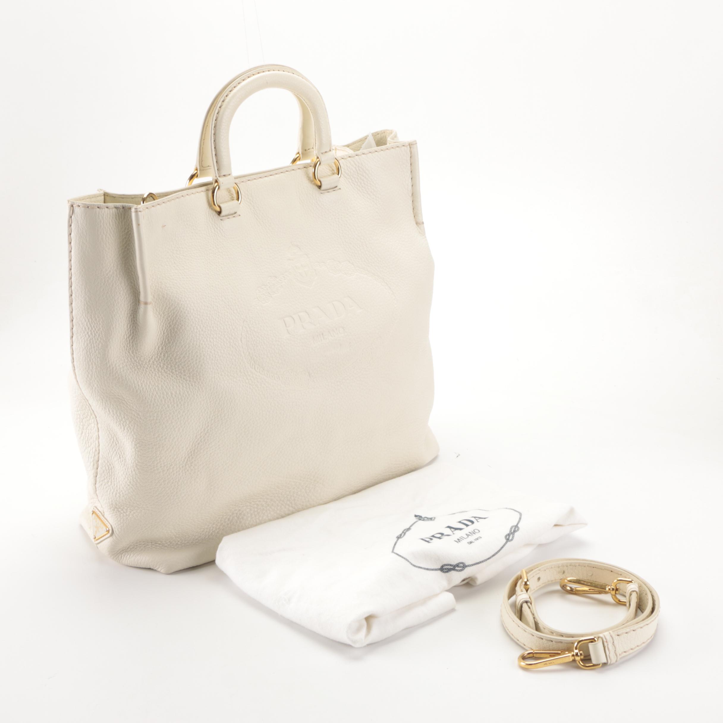 Prada Convertible Tote Bag in Bianco Vitello Daino Leather