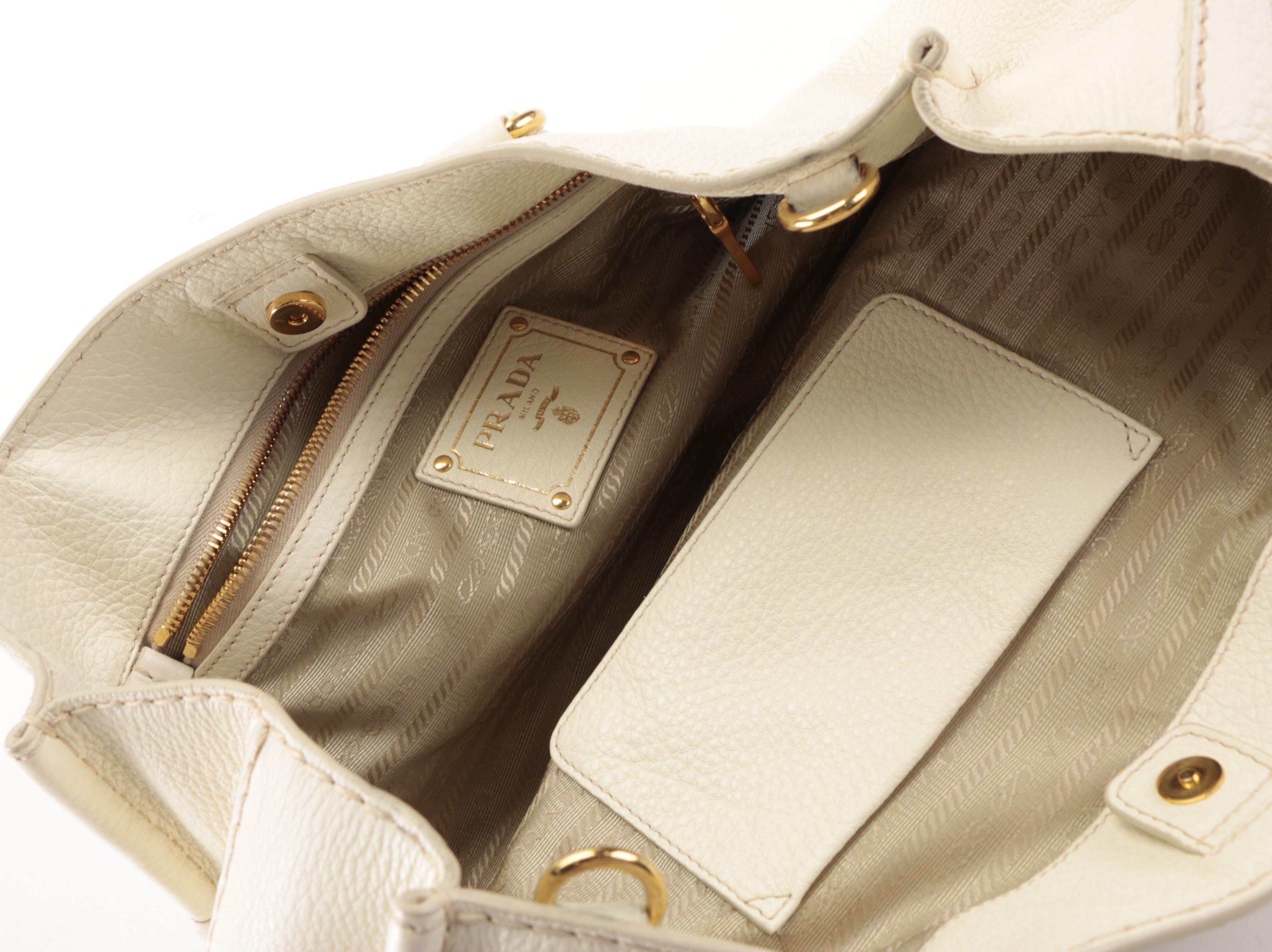 Prada Convertible Tote Bag in Bianco Vitello Daino Leather