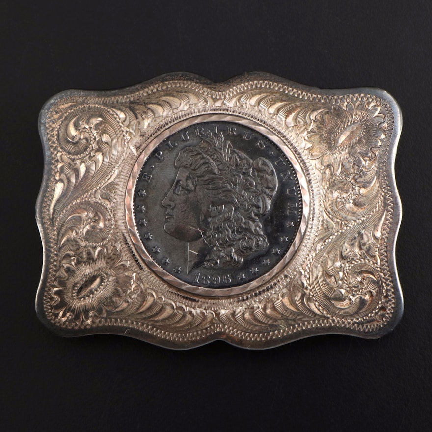 Morgan Silver Dollar Mounted on Engraved Sterling Silver Belt Buckle