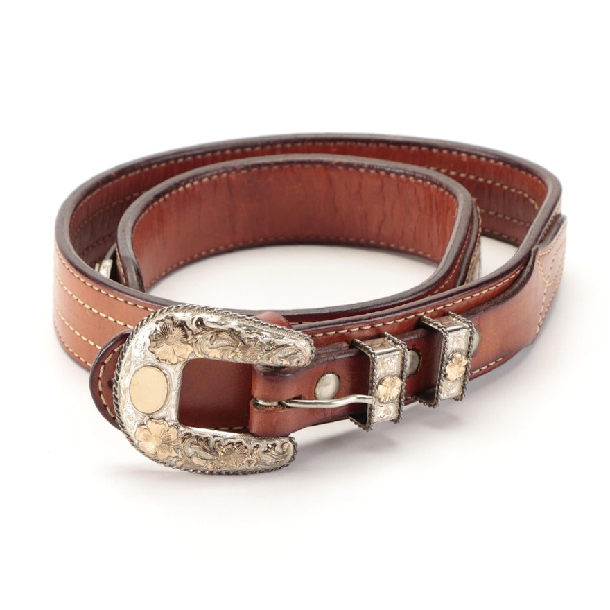 Sunset Trails Sterling Silver Buckle Set on Murray Leather Co Brown Leather Belt